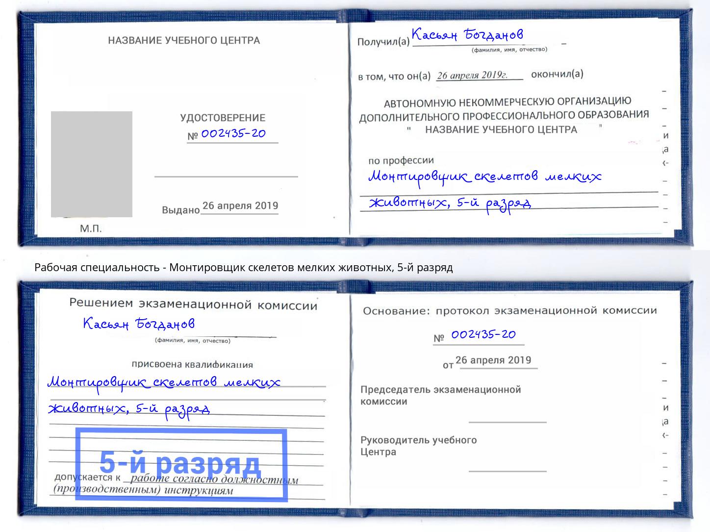 корочка 5-й разряд Монтировщик скелетов мелких животных Канск